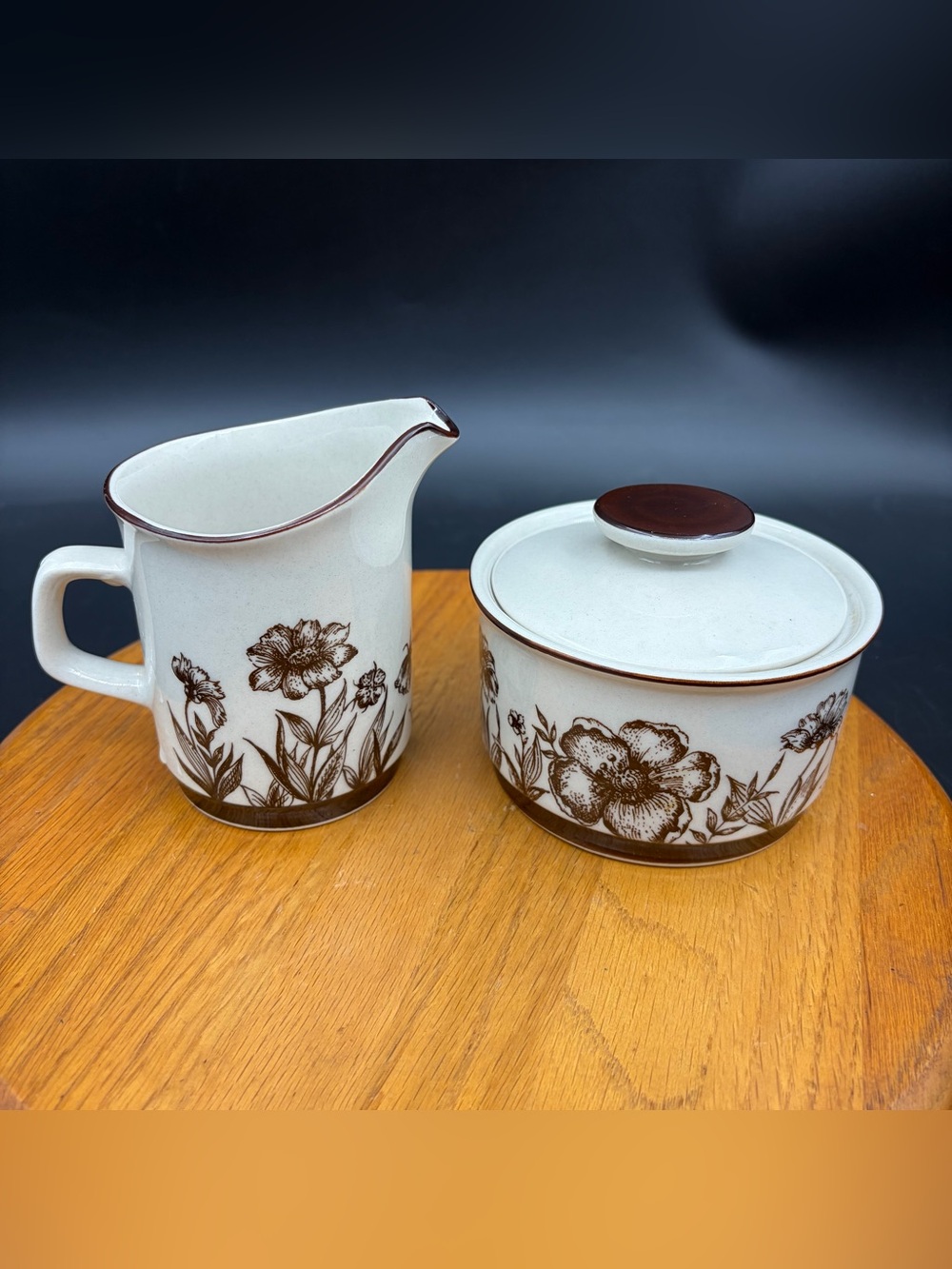 Vintage Sango Design Four INDIAN SUMMER Creamer & Sugar W/ Lid Brown Floral